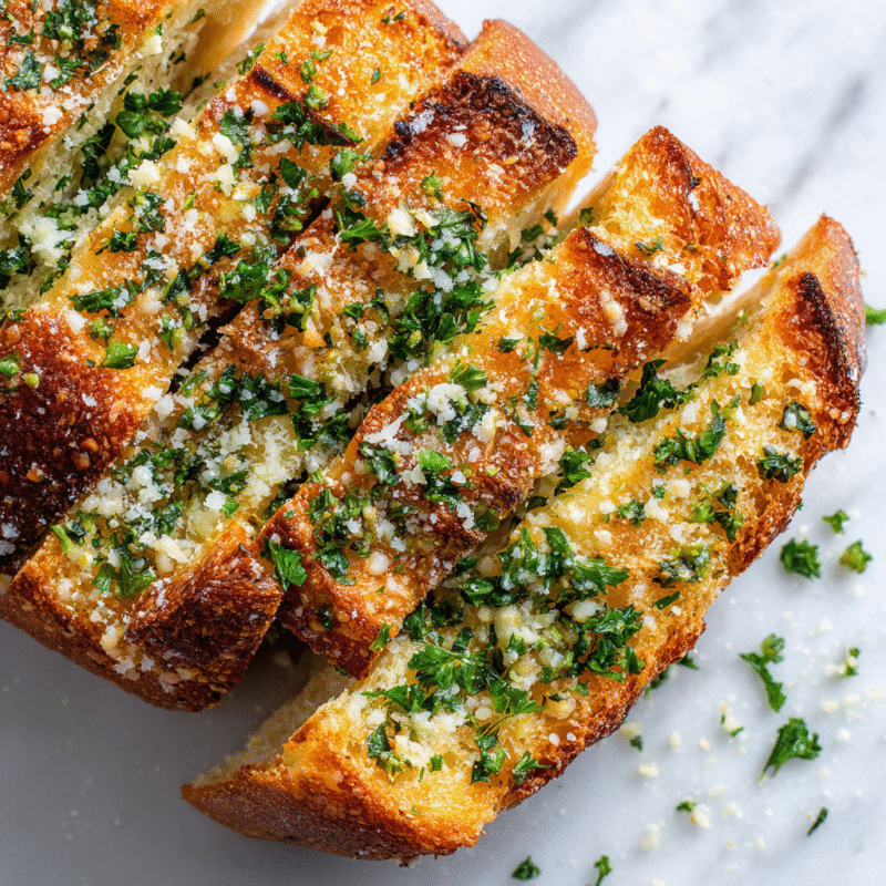 Delicious house favorite garlic bread topped with parmesan, perfect for holiday dinners