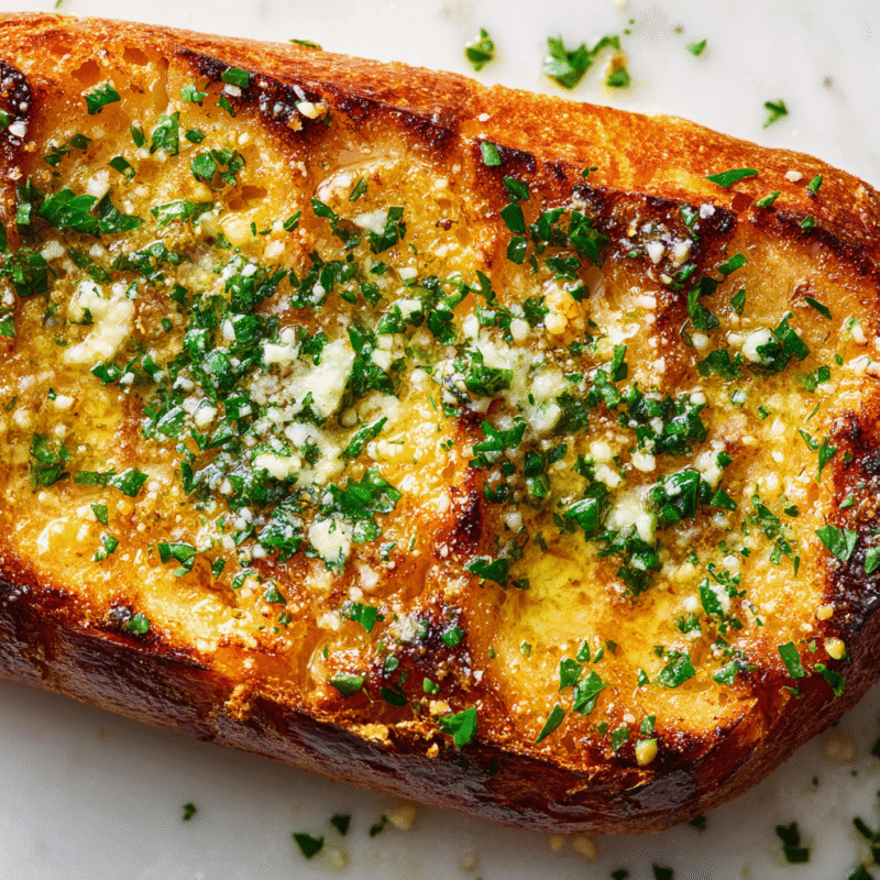 Delicious house favorite garlic bread topped with parmesan, perfect for holiday dinners