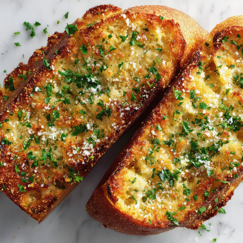 Delicious house favorite garlic bread topped with parmesan, perfect for holiday dinners