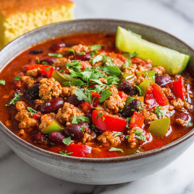 Hearty turkey chili simmered with spices, beans, and fresh vegetables, perfect for cool fall evenings and holiday gatherings