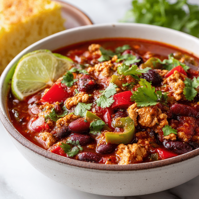 Hearty turkey chili simmered with spices, beans, and fresh vegetables, perfect for cool fall evenings and holiday gatherings