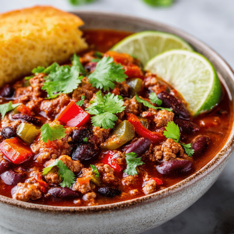 Hearty turkey chili simmered with spices, beans, and fresh vegetables, perfect for cool fall evenings and holiday gatherings