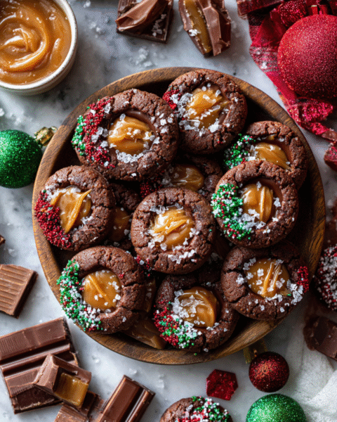 Twix Thumbprint Cookies: A festive treat combining cookie nostalgia, rich caramel, and chocolate drizzle, perfect for holiday baking.