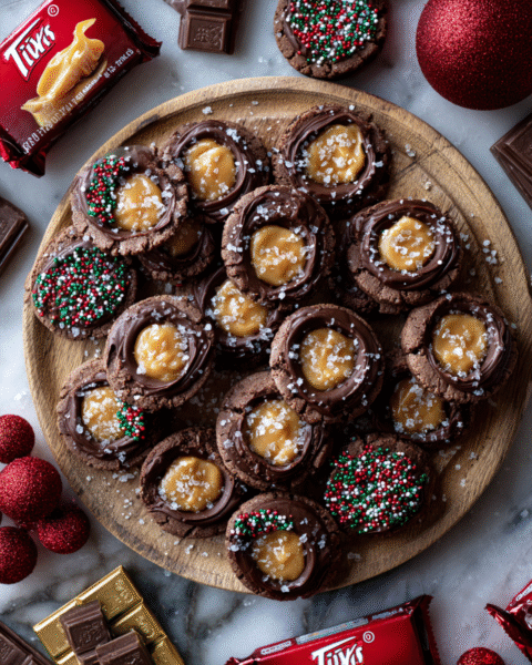 Twix Thumbprint Cookies: A festive treat combining cookie nostalgia, rich caramel, and chocolate drizzle, perfect for holiday baking.