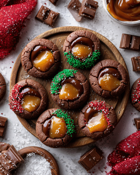 Twix Thumbprint Cookies: A festive treat combining cookie nostalgia, rich caramel, and chocolate drizzle, perfect for holiday baking.