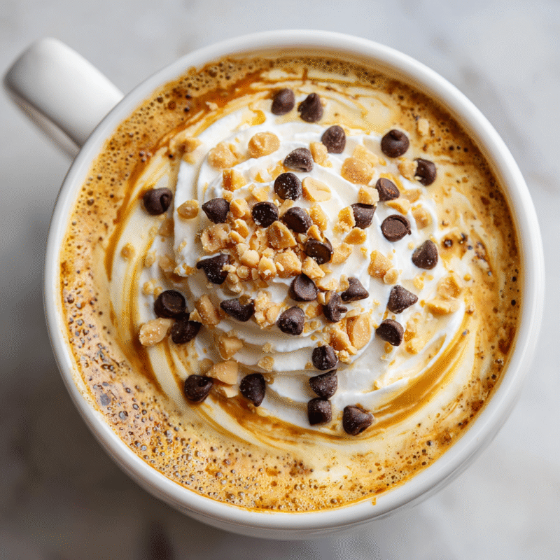 Indulgent Peanut Butter Cookie Latte with whipped cream and chocolate chips in a mug