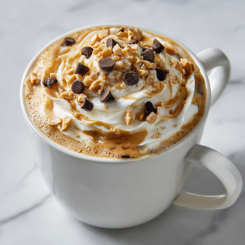 Indulgent Peanut Butter Cookie Latte with whipped cream and chocolate chips in a mug