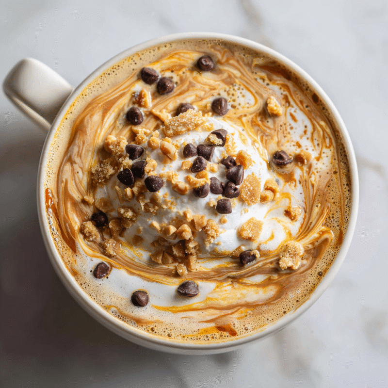Indulgent Peanut Butter Cookie Latte with whipped cream and chocolate chips in a mug