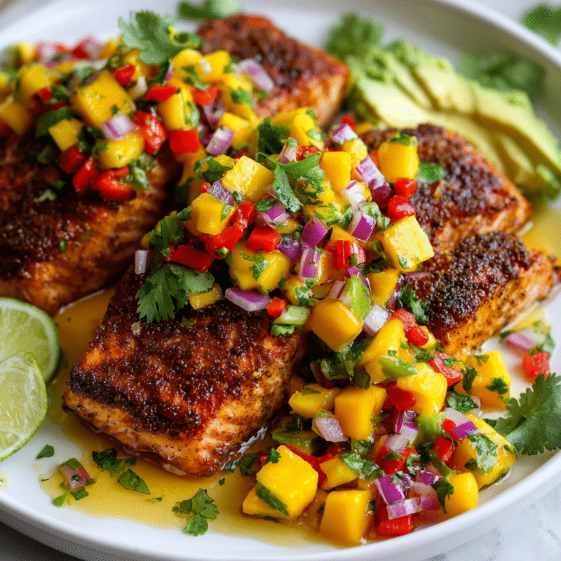 Mango salsa salmon topped with fresh mango, red onion, and cilantro for a vibrant, healthy, and quick autumn dinner option.