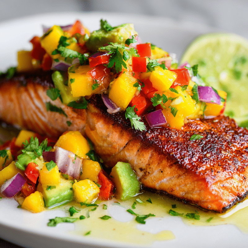 Mango salsa salmon topped with fresh mango, red onion, and cilantro for a vibrant, healthy, and quick autumn dinner option.