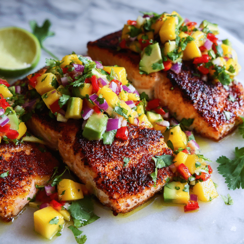 Mango salsa salmon topped with fresh mango, red onion, and cilantro for a vibrant, healthy, and quick autumn dinner option.