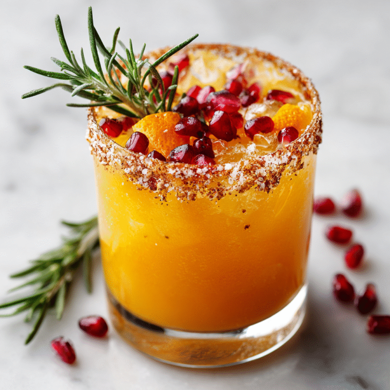 Rosemary Clementine Margarita garnished with pomegranate seeds and rosemary sprig, a festive holiday cocktail recipe