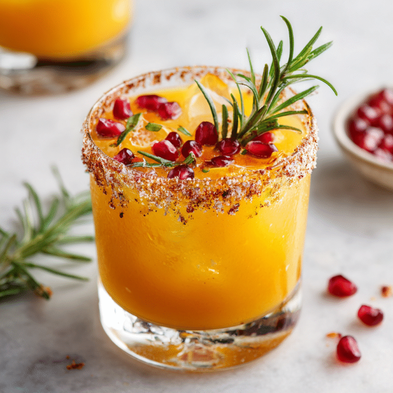 Rosemary Clementine Margarita garnished with pomegranate seeds and rosemary sprig, a festive holiday cocktail recipe