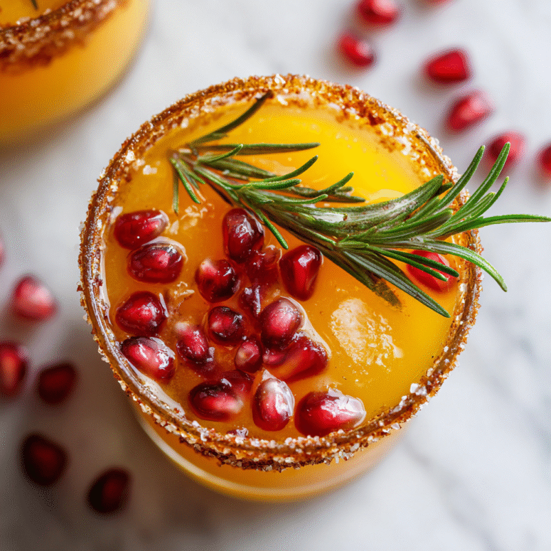 Rosemary Clementine Margarita garnished with pomegranate seeds and rosemary sprig, a festive holiday cocktail recipe