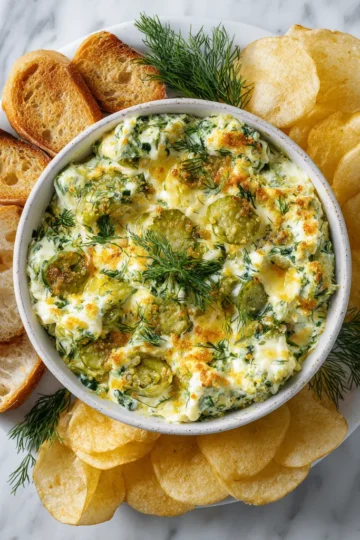 Creamy Fried Pickle Dip with pickles and cheese served in a bowl, perfect for holiday gatherings and snacking, featuring rich flavors and a festive touch.