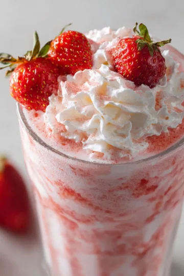 Creamy strawberry milkshake with fresh strawberries and ice cream, perfect for holiday celebrations and nostalgic treats.