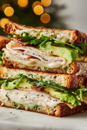 Delicious Bella Hadid holiday sandwich with turkey, bacon, and cheese grilled to perfection.