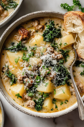 A bowl of hearty sausage potato soup topped with parsley and grated cheese, perfect for autumn gatherings.