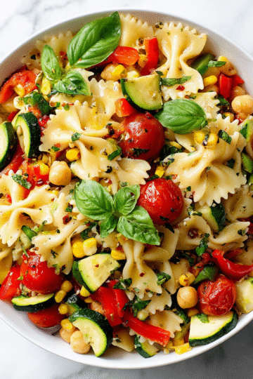 A vibrant summer pasta salad with roasted veggies and lemon vinaigrette, perfect for outdoor gatherings and picnics.