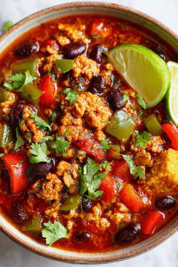 Hearty turkey chili simmered with spices, beans, and fresh vegetables, perfect for cool fall evenings and holiday gatherings