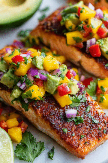 Mango salsa salmon topped with fresh mango, red onion, and cilantro for a vibrant, healthy, and quick autumn dinner option.