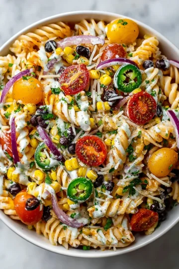 A colorful Cowboy Pasta Salad with rotini, black beans, corn, and ranch dressing, perfect for holiday gatherings and potlucks.