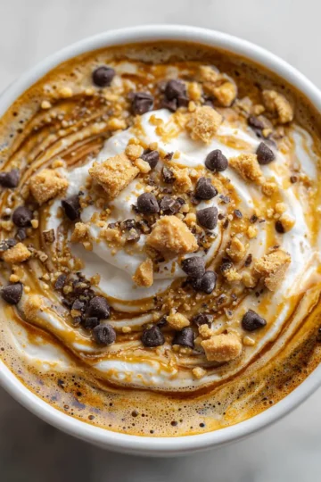 Indulgent Peanut Butter Cookie Latte with whipped cream and chocolate chips in a mug