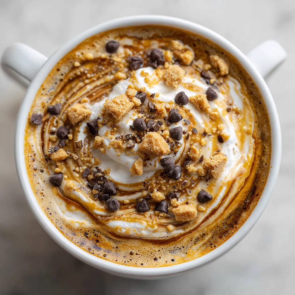 Indulgent Peanut Butter Cookie Latte with whipped cream and chocolate chips in a mug