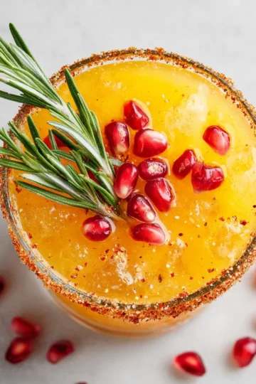 Rosemary Clementine Margarita garnished with pomegranate seeds and rosemary sprig, a festive holiday cocktail recipe