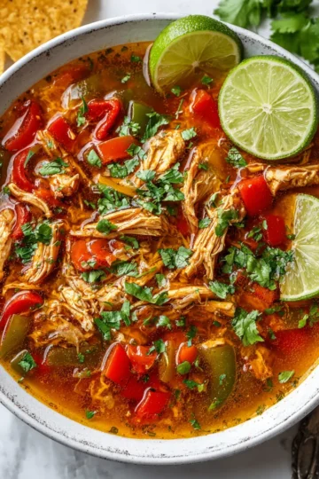 Delicious Slow Cooker Chicken Fajita Soup with vibrant bell peppers, chicken, tomatoes, and spice, perfect for cold evenings.