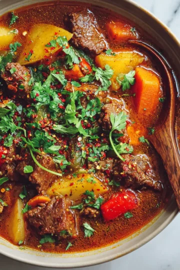 A hearty Texas Cowboy Stew loaded with ground beef, fresh veggies, and spices, perfect for autumn dinners and family gatherings.