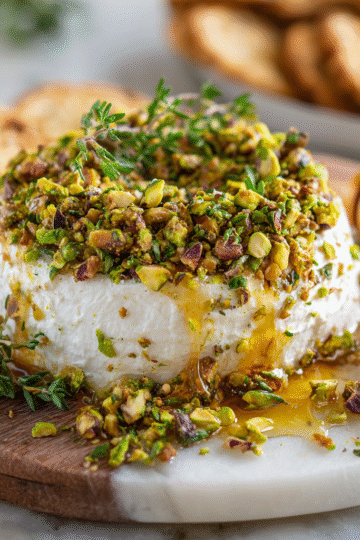 Boursin cheese appetizer topped with pistachios and honey, garnished with fresh herbs, perfect for festive gatherings