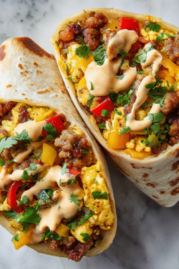 Delicious Sheet Pan Breakfast Burritos with Creamy Chipotle Sauce, perfect for festive mornings and easy holiday gatherings.