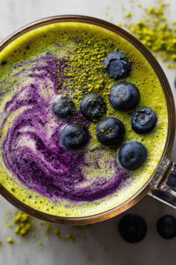 Blueberry Matcha Latte combining earthy matcha with sweet blueberries, ideal for cozy autumn afternoons and gatherings.