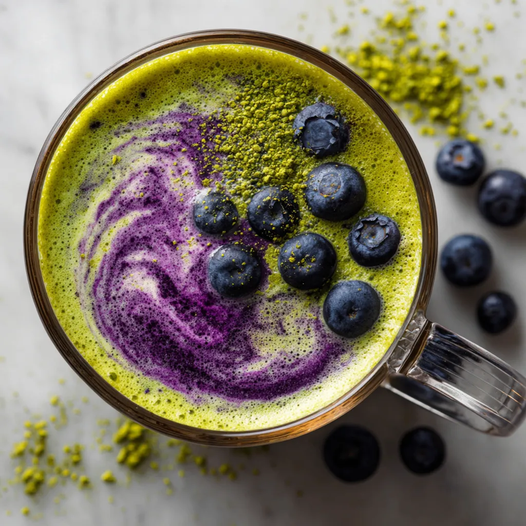 Blueberry Matcha Latte combining earthy matcha with sweet blueberries, ideal for cozy autumn afternoons and gatherings.