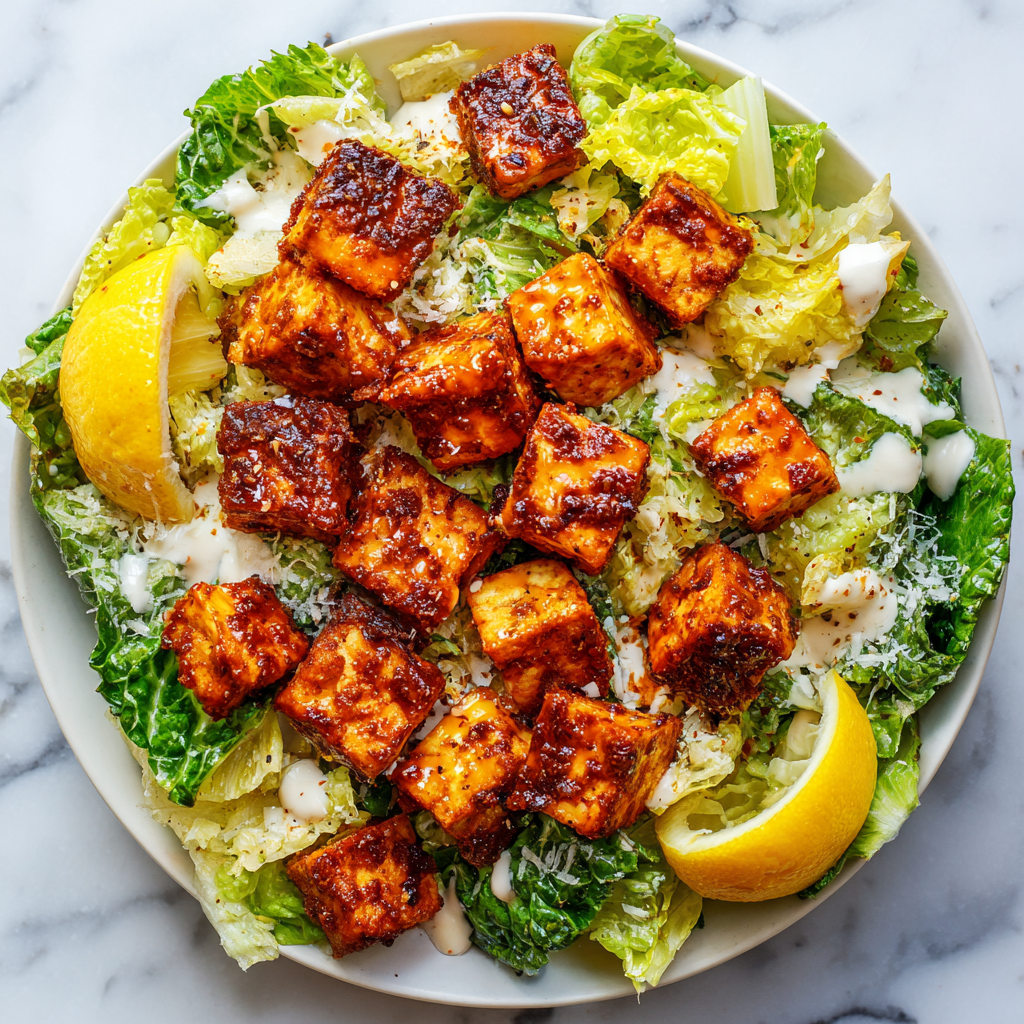 Crispy Buffalo Tofu served on a refreshing Caesar salad with lemon wedges, ideal for festive gatherings and plant-based meals.