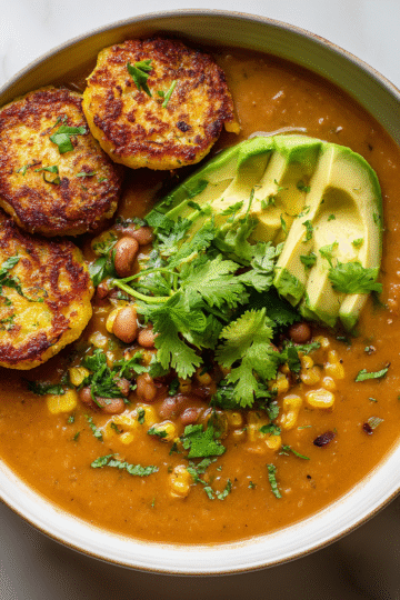 A comforting bowl of Sopa Tarasca topped with diced avocado, served with crispy jalapeño corn fritters on the side, perfect for fall gatherings.