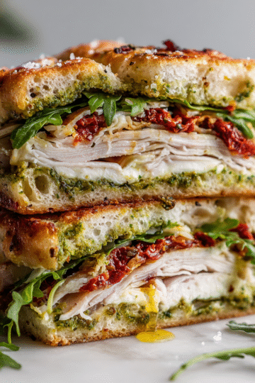 A delicious Sun-Dried Tomato Focaccia Turkey Sandwich, featuring roasted turkey, fresh mozzarella, pesto, and arugula, perfect for fall.