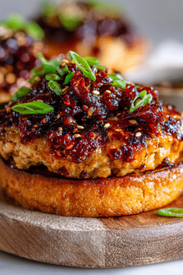 Delicious Gochujang Chicken Burgers with Kimchi Bacon Jam on a plate, showcasing fusion flavors perfect for holiday gatherings.