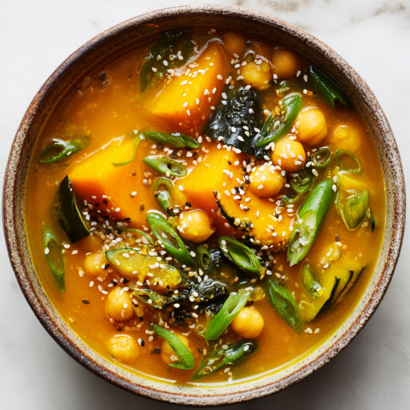 1-Pot Kabocha Chickpea Miso Soup, vegan-friendly, hearty, and comforting, perfect for cozy dinners and holiday meals, delicious seasonal ingredients