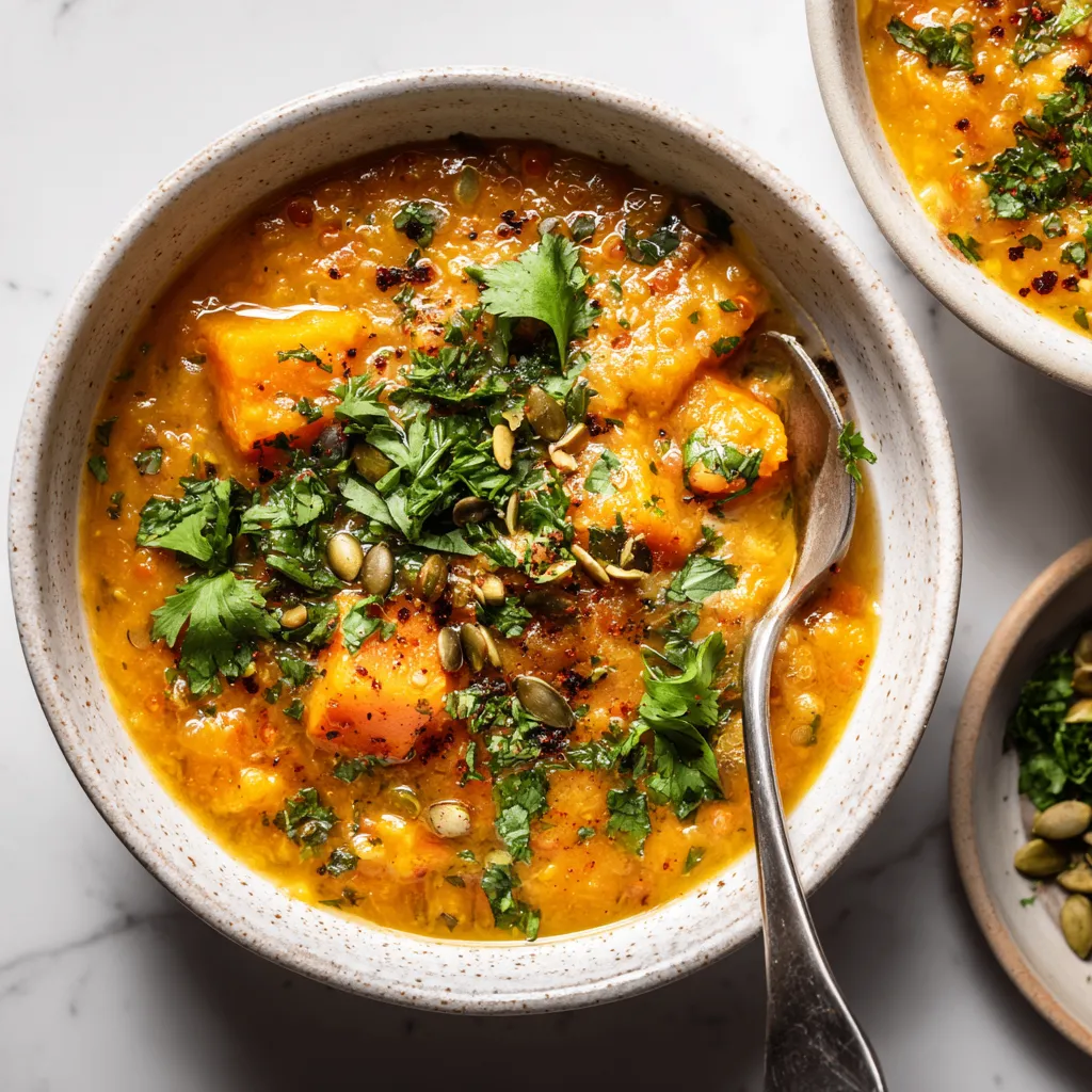 A bowl of homemade pumpkin and red lentil soup garnished with cilantro, showcasing vibrant orange hues and autumn spices.