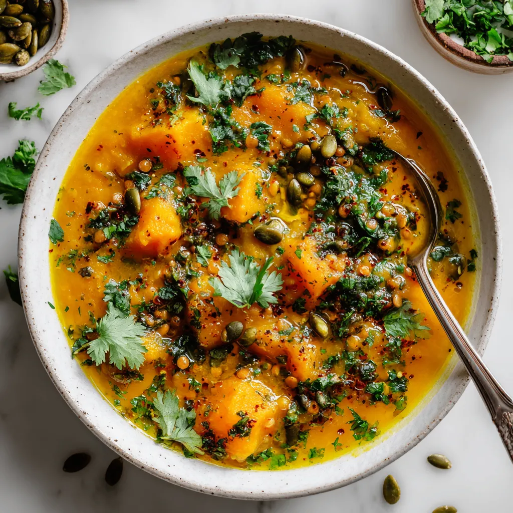 A bowl of homemade pumpkin and red lentil soup garnished with cilantro, showcasing vibrant orange hues and autumn spices.