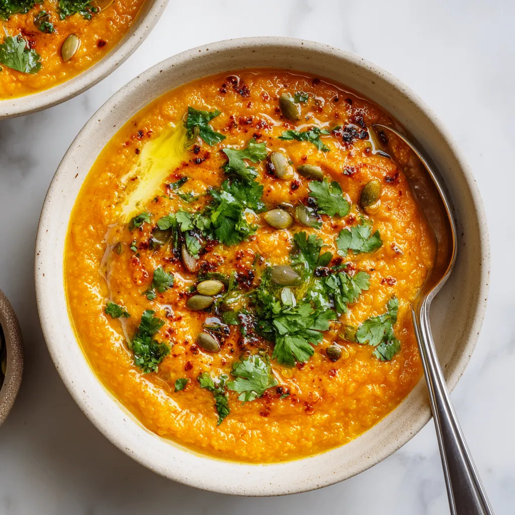 A bowl of homemade pumpkin and red lentil soup garnished with cilantro, showcasing vibrant orange hues and autumn spices.