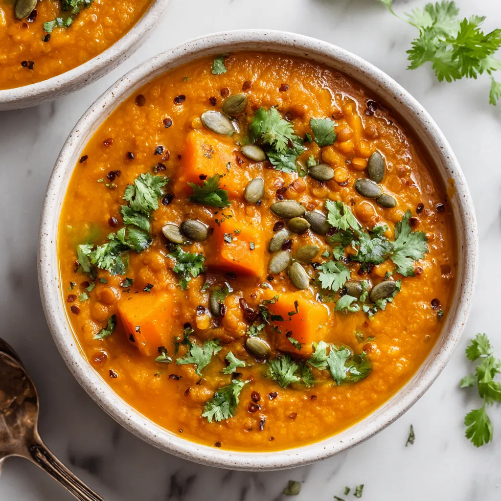 A bowl of homemade pumpkin and red lentil soup garnished with cilantro, showcasing vibrant orange hues and autumn spices.