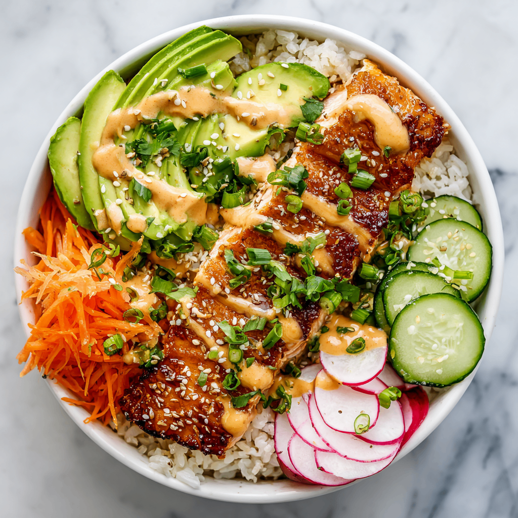 A vibrant and healthy Bang Bang Salmon Bowl with crispy salmon, brown rice, fresh vegetables, and creamy sauce prepared in an air fryer.