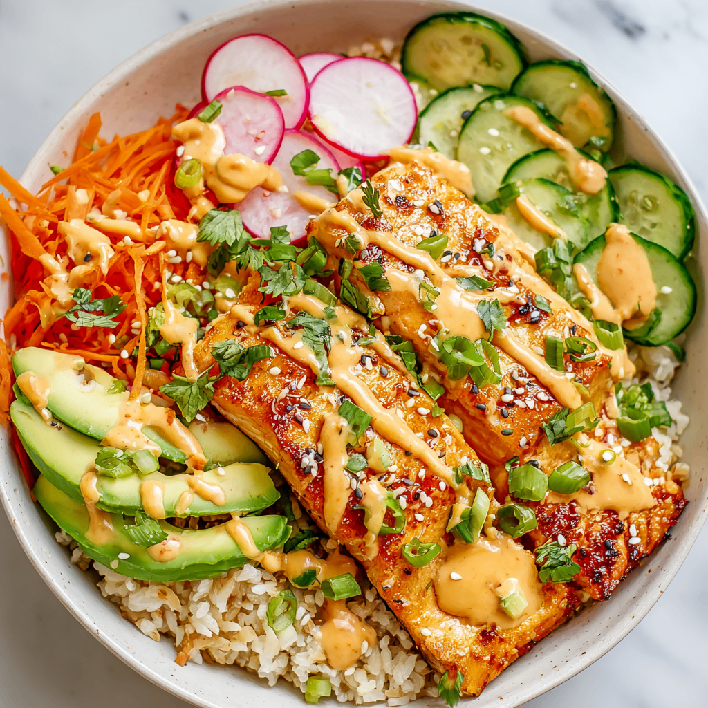 A vibrant and healthy Bang Bang Salmon Bowl with crispy salmon, brown rice, fresh vegetables, and creamy sauce prepared in an air fryer.