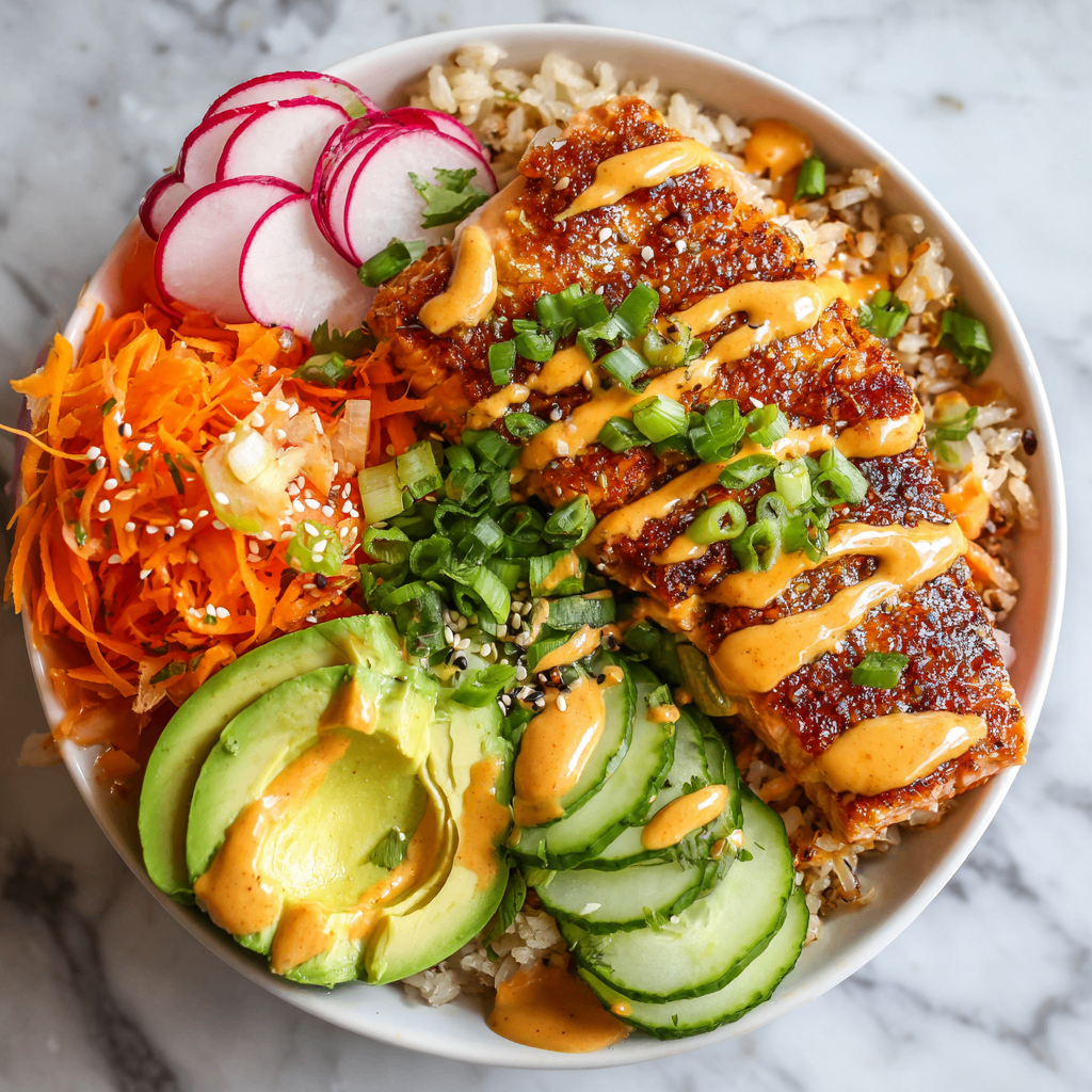 A vibrant and healthy Bang Bang Salmon Bowl with crispy salmon, brown rice, fresh vegetables, and creamy sauce prepared in an air fryer.