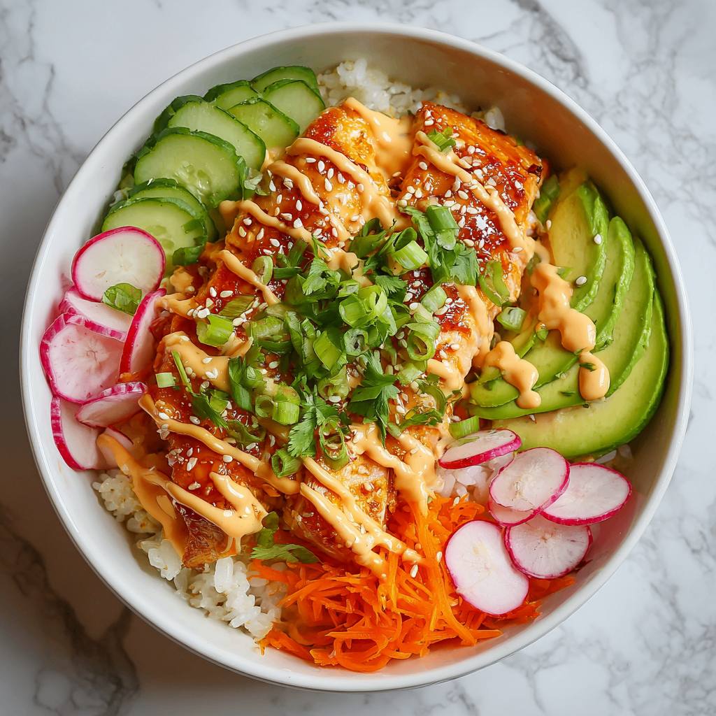 A vibrant and healthy Bang Bang Salmon Bowl with crispy salmon, brown rice, fresh vegetables, and creamy sauce prepared in an air fryer.