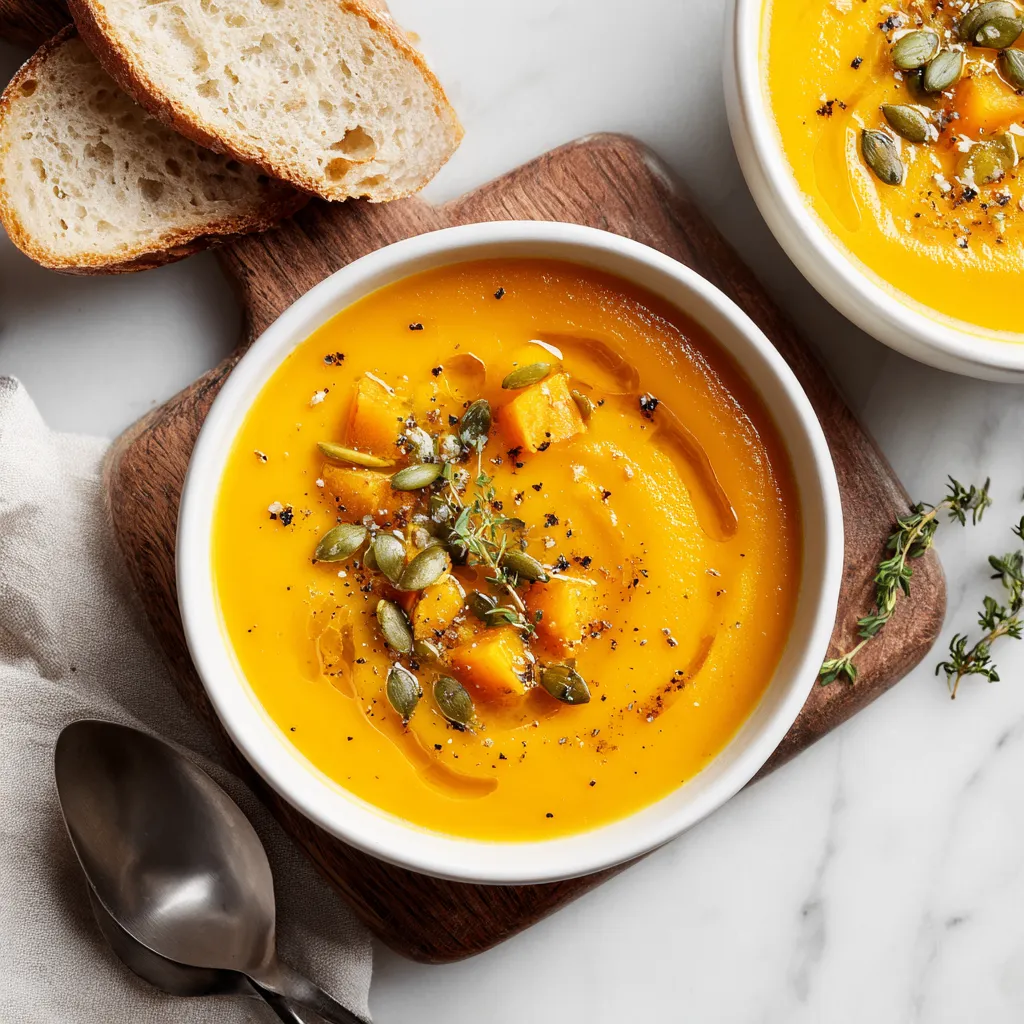 A warm bowl of dairy-free butternut squash and pear soup garnished with toasted pumpkin seeds, embodying seasonal flavors perfect for autumn.