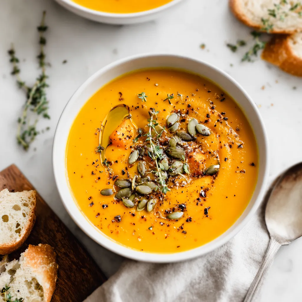 A warm bowl of dairy-free butternut squash and pear soup garnished with toasted pumpkin seeds, embodying seasonal flavors perfect for autumn.